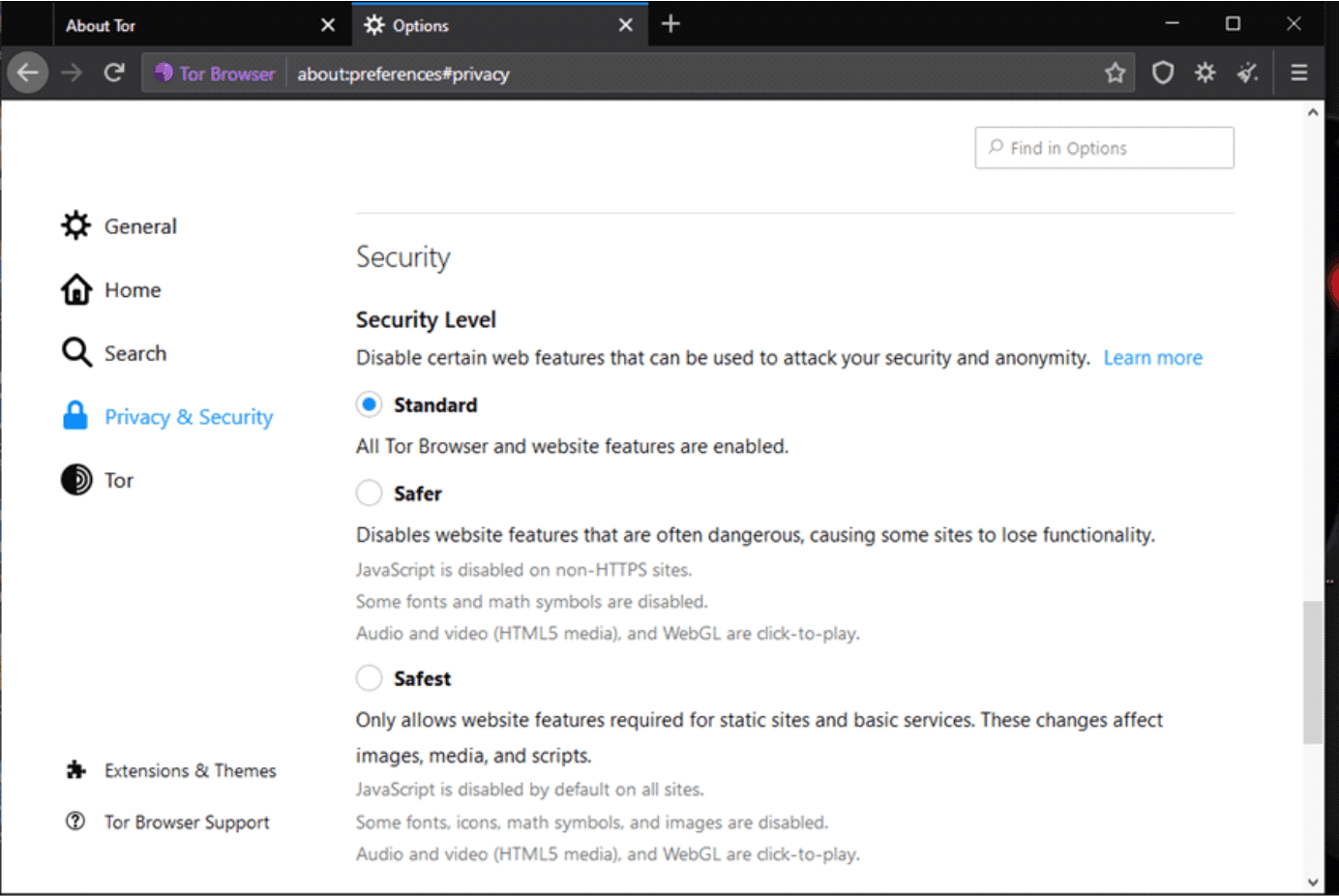 Tor-Security Privacy Settings